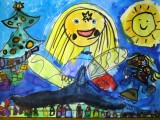 Jak Ježíšek letí nad městem a roznáší dárky - Eva Vorlická, MŠ Holandská, Znojmo (kategorie MŠ – z celostátní soutěže Vánoční malování 2007, pořádané DDM Šumná)